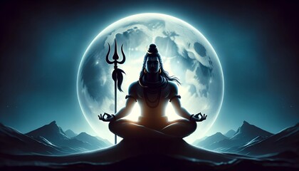 Illustration of lord shiva silhouette with trident against full moon for maha shivratri. - obrazy, fototapety, plakaty