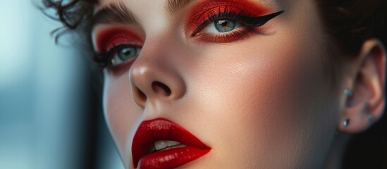 A womans face in closeup showcasing red eye shadow and lipstick, accentuating her features like her nose, lips, eyelashes, and jaw. A true artful gesture - obrazy, fototapety, plakaty