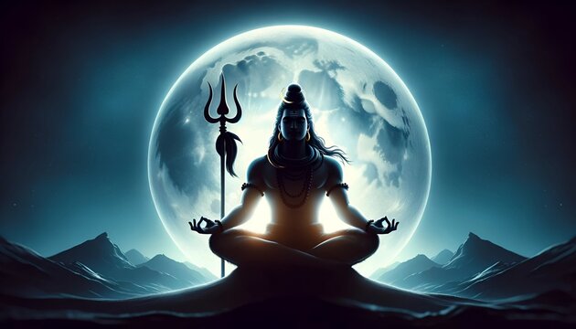 Illustration of lord shiva silhouette with trident against full moon for maha shivratri.