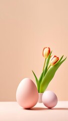 Vertical background with free space, Easter eggs and a bouquet of tulips.