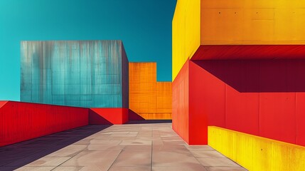 Modern geometric architecture with vibrant red, yellow, and blue colors