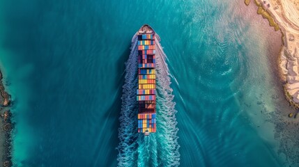 Top-down aerial shot of a large cargo ship loaded with colorful containers navigating through clear...