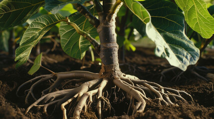 A closeup of a fig trees intricate root system snaking through the soil and absorbing vital nutrients for the growth of plump juicy figs.