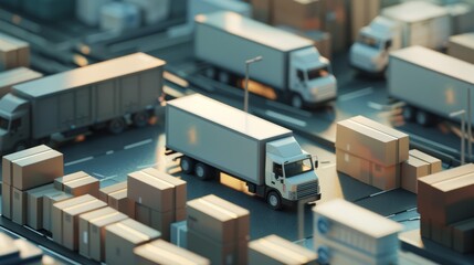 Close-up of miniature delivery trucks and cardboard boxes, representing logistics, supply chain, and distribution.