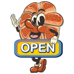 vector isolated clip art illustration of cute bagel rolls mascot carrying a sign that says open, work of handmade