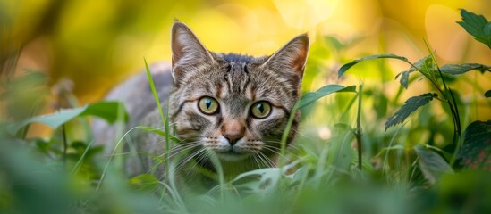 Naklejka na ściany i meble A carnivorous terrestrial animal from the Felidae family, a small to mediumsized cat with whiskers, is concealed in the grass, gazing at the camera in a natural landscape setting