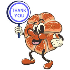 vector isolated clip art illustration of cute bagel rolls mascot carrying a sign saying thank you, work of handmade