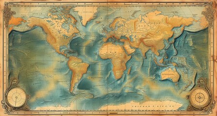 Elegant vintage world map with decorative elements and compass roses