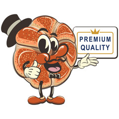 vector isolated clip art illustration of cute bagel rolls mascot in a hat and bow tie showing a sign saying premium quality with a thumbs up, work of handmade