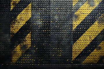 Series of Yellow and Black Chevrons sense of Directionality pointing towards the Side Set against a Dark Textured Background resembling a Metal Grate Mesh created with Generative AI Technology