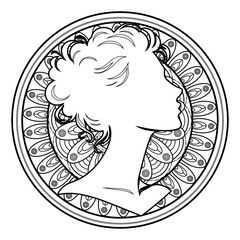 Vector illustration of mandala with woman's face silhouette on white separate background