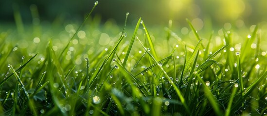Fresh green grass with morning dew drops in natural setting, early morning nature background