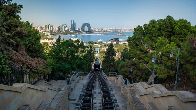 Time Lapse of the funicular in Baku, Azerbaijan which connects Neftchilar Avenue and 455 m up to Martyrs' Lane