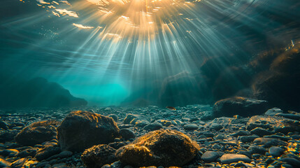 Sun rays under water landscape seascape fresh water. - obrazy, fototapety, plakaty