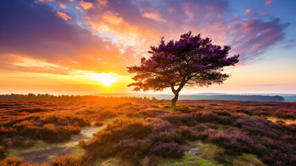 Sunrise over blooming Heathland in National Park.