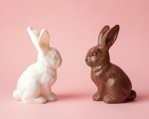 Two easter bunnies, one made of white and the other made of dark chocolate, look at each other on a light pink background. Minimal Easter compositon. Easter greeting card