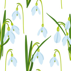 Fototapeta na wymiar vector illustration of Easter theme, seamless pattern with bouquet of spring flowers snowdrops, white flowers, buds and leaves, spring party illustration on white background