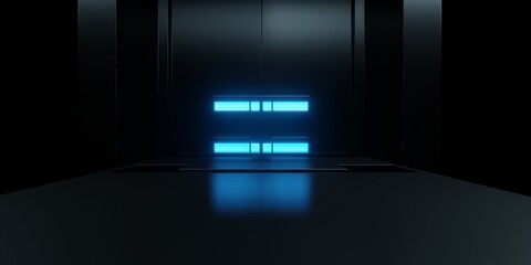 3d rendering of blue neon glowing spaceship corridor black background. Scene for advertising, showroom, technology, future, modern, sport, game, metaverse, warehouse, garage. Sci Fi Illustration