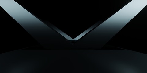 3d rendering of black abstract geometric dark background. Scene for advertising design, showroom, technology, future, modern, sport, game, metaverse, cosmetic, warehouse, garage. Sci Fi Illustration