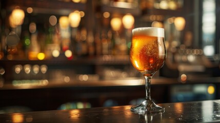 A glass of beer on the background of a bar. Yellow liquid with bubbles and foam in a glass. - obrazy, fototapety, plakaty
