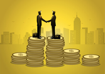 Two businessmen shaking hands, on the pile of coins