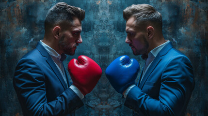Two determined businessmen in suits stand ready to compete with red and blue boxing gloves against a gritty backdrop. - obrazy, fototapety, plakaty