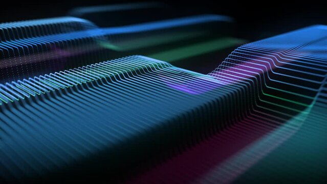 Slow motion of colored waves made of dotted lines on black background. Abstract concept of sound waves, artificial intelligence (AI) and big data. 4K looped video of data charts in virtual reality