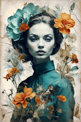 Abstract vintage portrait of young woman with flowers. Pop art collage ,poster, double exposure...