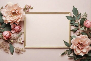 Frame mockup , pink beige flowers top view on light pink background with copy space. Floral frame...