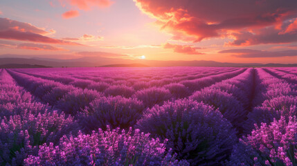 Stunning sunset sky above vibrant purple lavender fields creating a picturesque and peaceful landscape.
