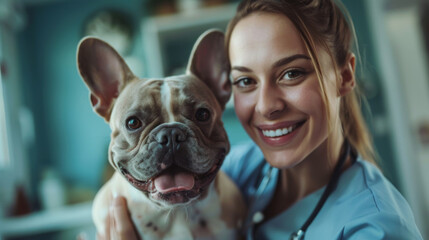 A smiling veterinarian in scrubs takes a friendly selfie with a cheerful French Bulldog in a clinic setting. - obrazy, fototapety, plakaty
