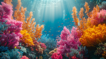 Naklejka na ściany i meble Sunlight illuminates a vibrant underwater scene of colorful coral reefs bustling with diverse marine life.