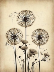Abstract Mid-century vintage fine art floral wall art background beige brown grey colors . Dandelions Poster. Minimal Flowers  wall art. Floral card.