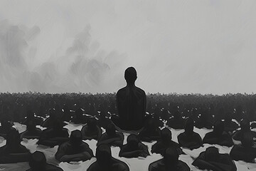 A lone figure sitting calmly amidst a chaotic sea of faceless bodies, embodying tranquility and self-assurance in a minimalist composition. - obrazy, fototapety, plakaty