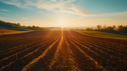 Sunset over a plowed agricultural field. 
