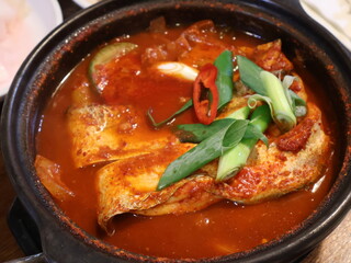 Spicy Korean Stew with Fish and Vegetables in Hot Pot
