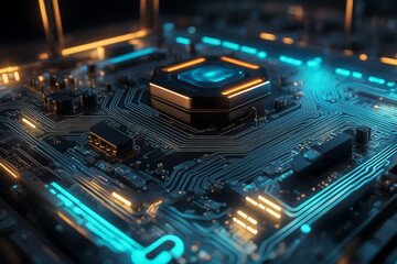 Fototapeta na wymiar Circuit board with glowing lines, representing the inner workings of technology