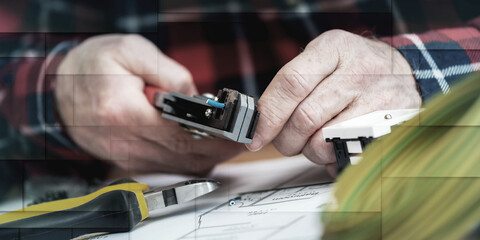 Electrician stripping a wire, geometric pattern