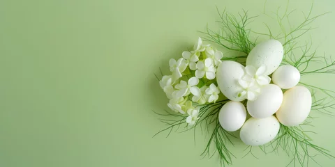Gardinen Easter nest of speckled eggs and hydrangea flowers on a soft green background, portraying a sense of growth and spring renewal. © Sascha
