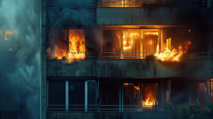 Fire in the house. Windows of the burning house. Burning building in the flames of fire at night