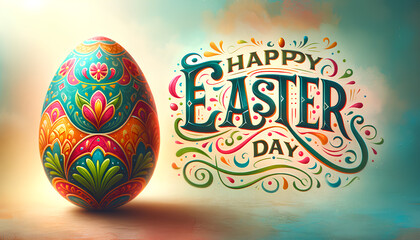 A brightly colored, ornately decorated Easter egg alongside text Happy Easter Day. Digital greeting card and invitation for Easter Day celebrations and spring season.