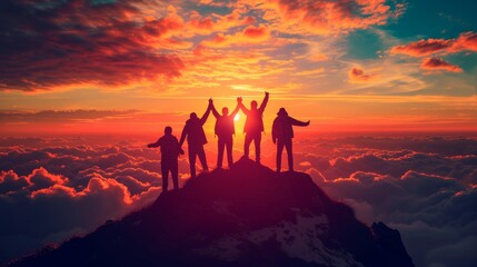 Silhouette back group of man team celebrating success on top mountain, sky and sunset background. Business, teamwork, achievement and person concept. Vector illustration. - obrazy, fototapety, plakaty