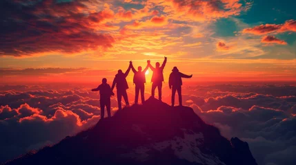 Fotobehang Silhouette back group of man team celebrating success on top mountain, sky and sunset background. Business, teamwork, achievement and person concept. Vector illustration. © Polpimol