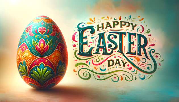 A brightly colored, ornately decorated Easter egg alongside text Happy Easter Day. Digital greeting card and invitation for Easter Day celebrations and spring season.