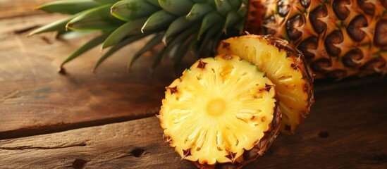 Fresh pineapple cut in half displayed on rustic wooden table for tropical fruit concept