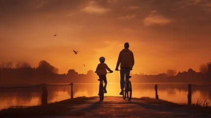 Parent and child biking together on morning before sunrise, lifestyle, leisure, summer, nature, young, family, sky, ride, sunset, silhouette, son, vacation, recreation