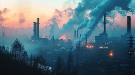 carbon credit, pollution, factory, smoke, energy, industrial, ecology, sky, smog, power, steam, environment, plant, air, gas, chimney, environmental, toxic, chemical - obrazy, fototapety, plakaty