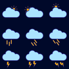 Weather icons set. cloud icon with rain, lightning and sun