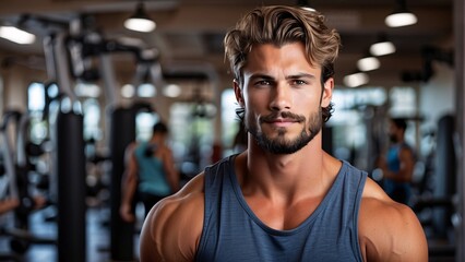 portrait of a handsome bodybuilder blur gym background - obrazy, fototapety, plakaty