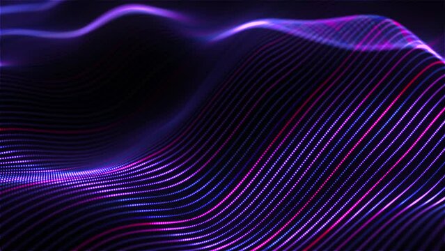 Glowing pixelated lines on the surface of waves. Abstract concept of sound waves, artificial intelligence or big data analysis. 4K looped video of 3D flowing colored soundwaves on black background
